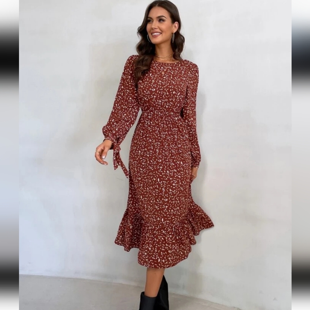 Rust Brown Patter Midi Dress